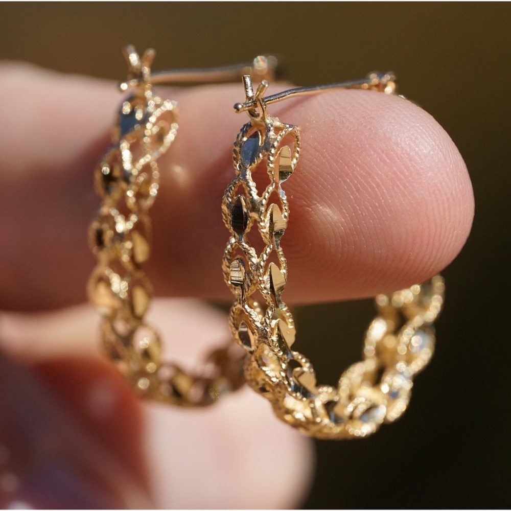 Vintage 14k Solid Yellow Gold Hoop Earrings - Diamond Cut Braid Cutout 1 1/2"